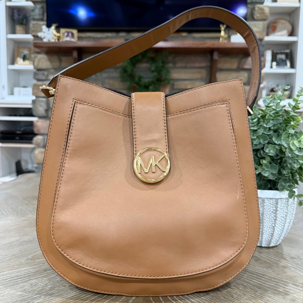 Michael Kors Lillie Large Leather Hobo Messenger Shoulderβ Bag Acorn Tan